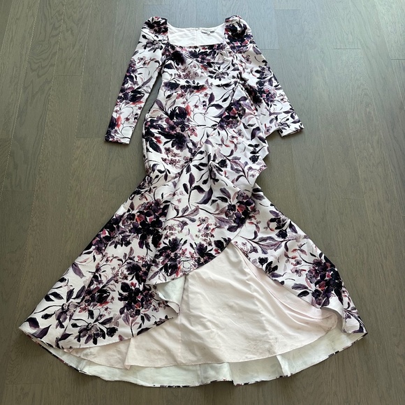 Badgley Mischka Floral Flounce Hem Ruffle Gown Maxi Dress Eggplant Multi Size 2 - Picture 2 of 13